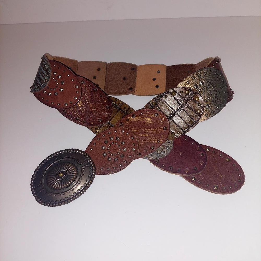 Fossil Multi-Panel Studded Leather Belt in Brown and Bronze Tones